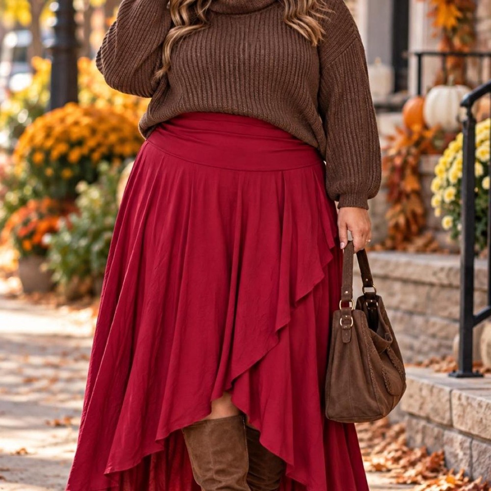 89. Azules High-Low Ruffle Maxi Skirt – Burgundy – New in Bag